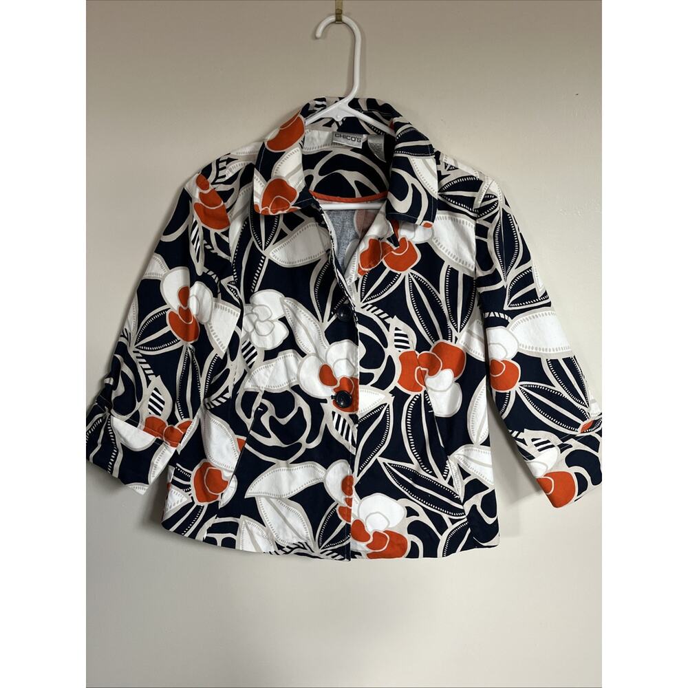 Chico's Navy White Orange Floral Print Blazer Women's Size 0 Small 4-6